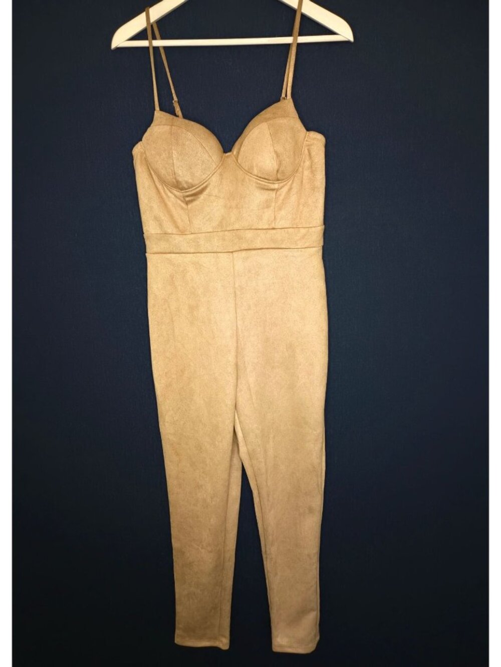 NWOT Haute Monde Tan Faux Suede Bustier Jumpsuit Size M/L Soft Stretch Corset